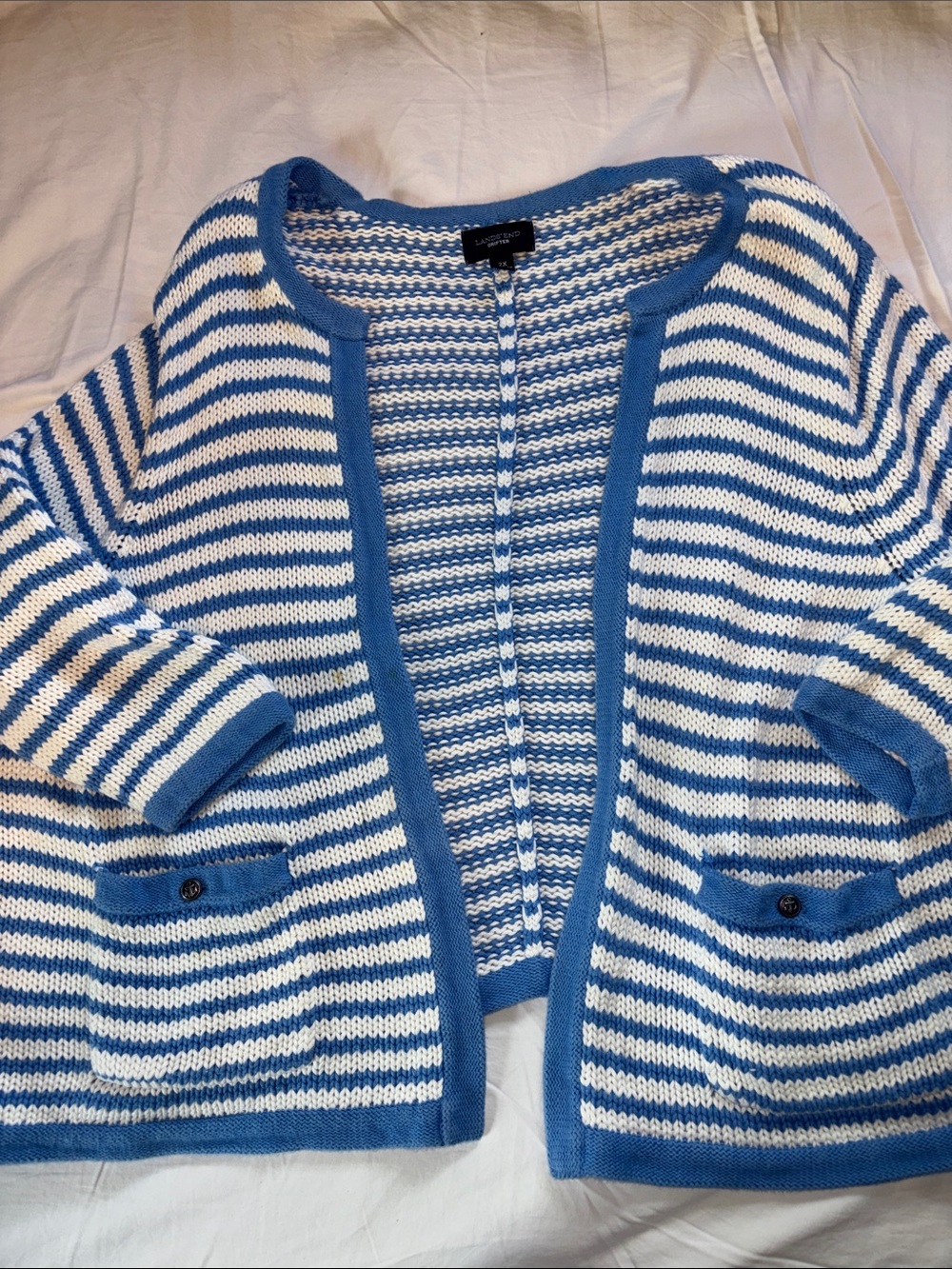 Lands' End Blue & White Striped Knit Cardigan